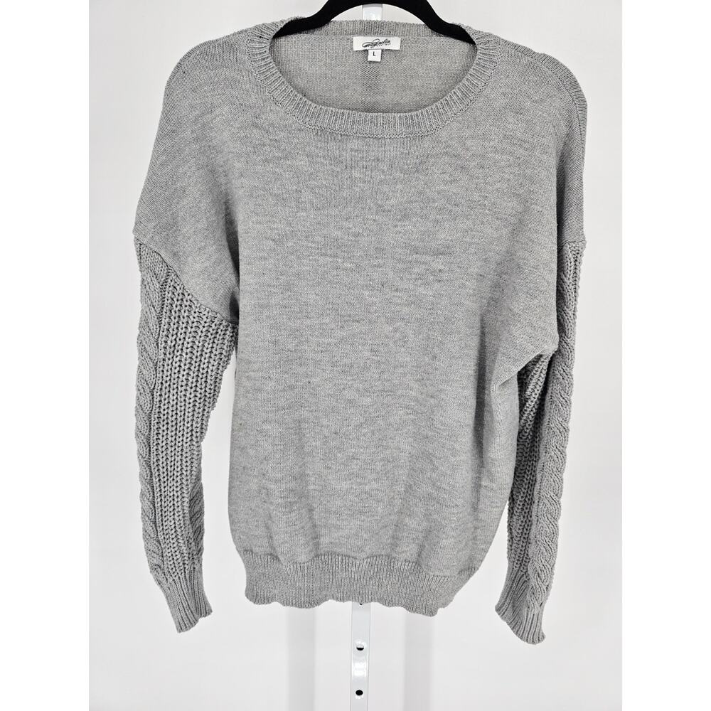 Magnolia Boutique Womens Sz L Crew Neck Knit Sweater Crochet Sleeves Gray